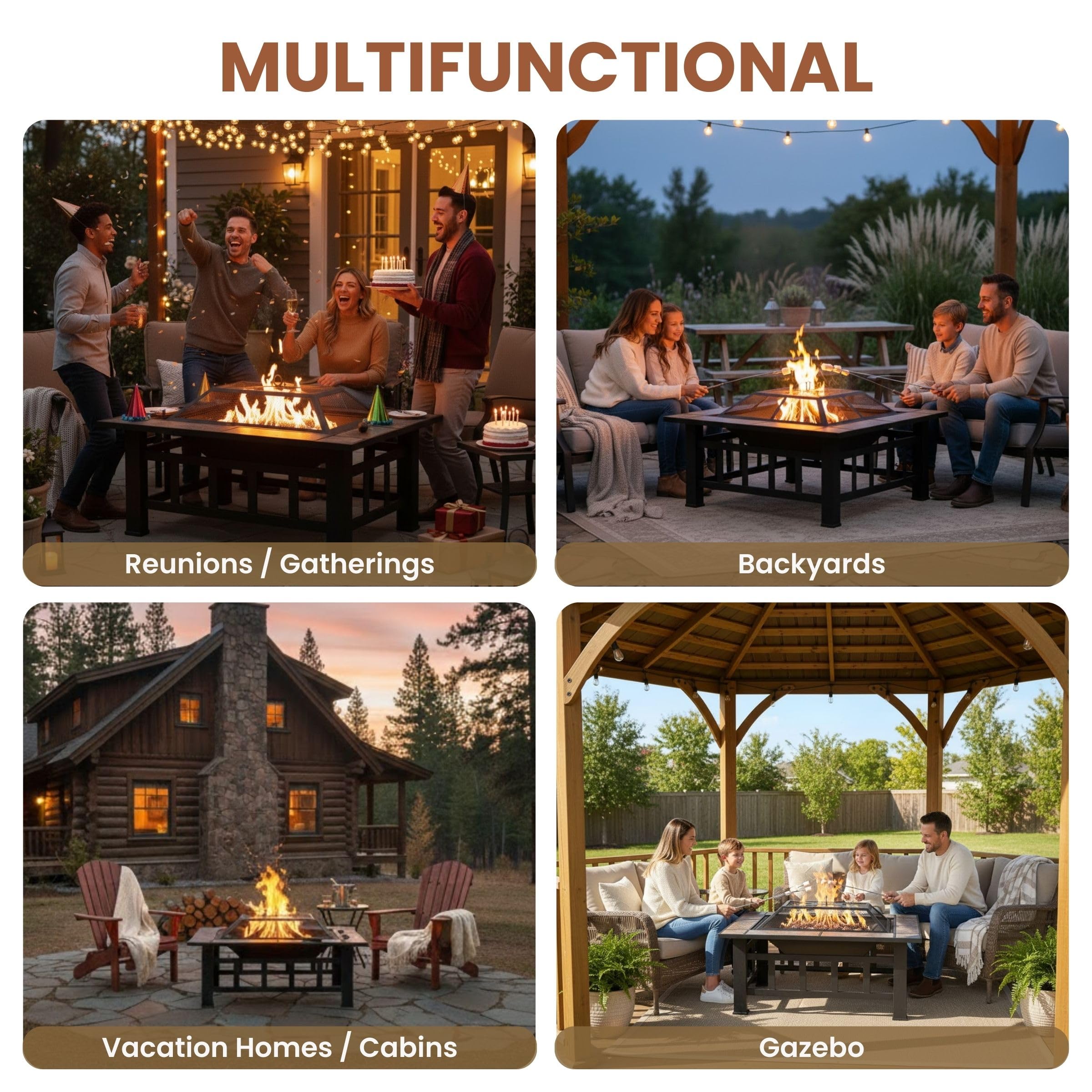 Pure Garden fire pit on patio at dusk showing cozy gathering ambience