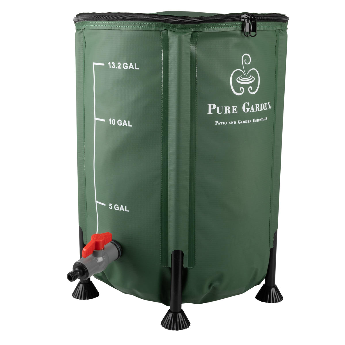 Pure Garden front view of rain barrel showing capacity and compact design benefit