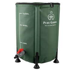 Pure Garden front view of rain barrel showing capacity and compact design benefit