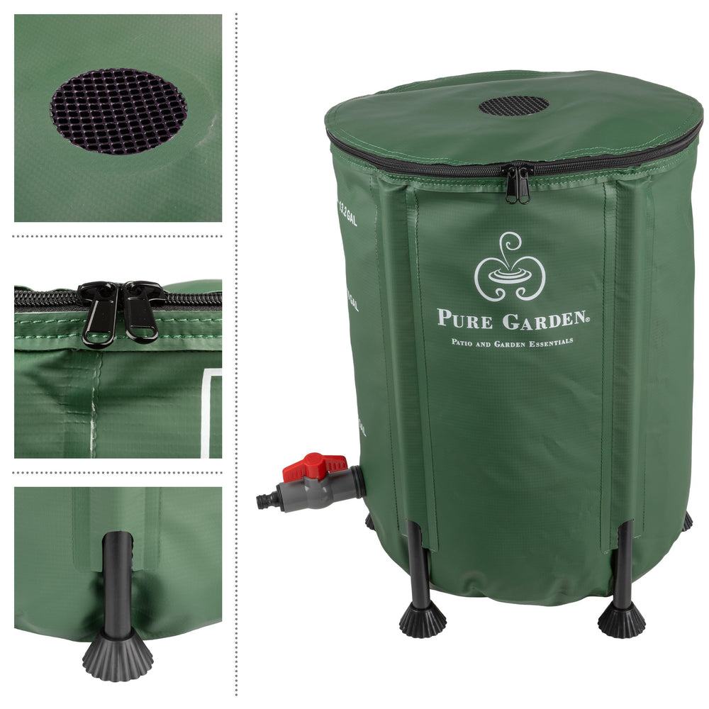 Pure Garden rain barrel placed under downspout capturing runoff efficiently