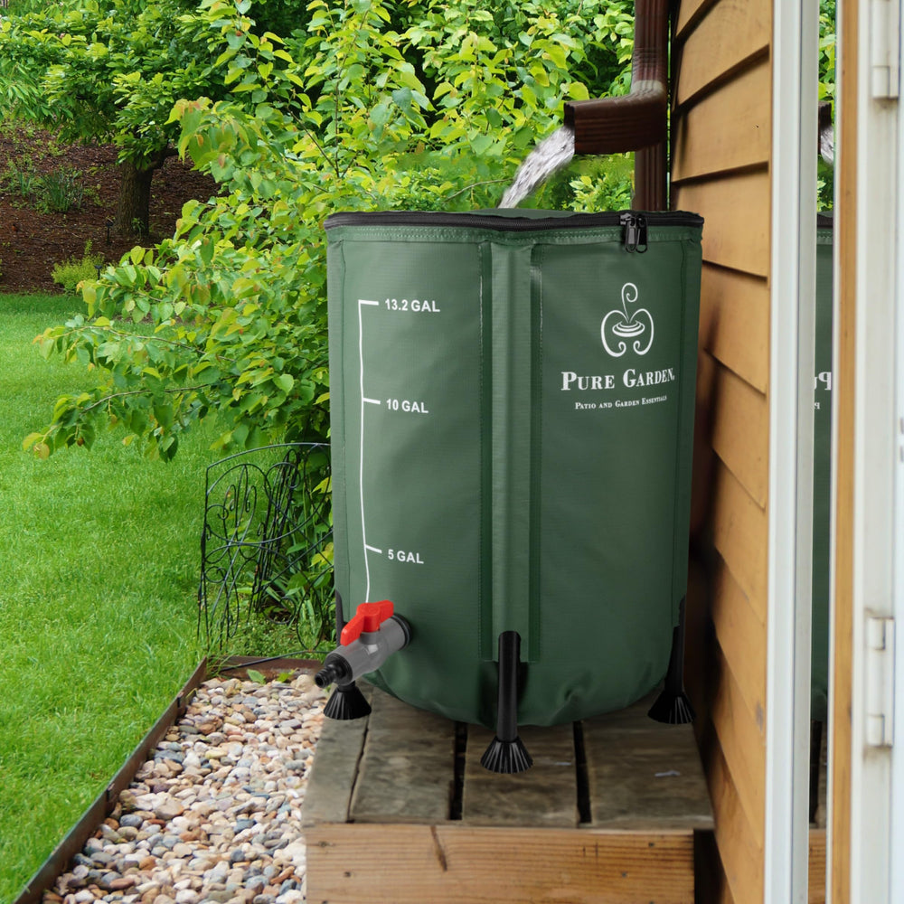 Pure Garden rain barrel in garden setting providing eco-friendly watering