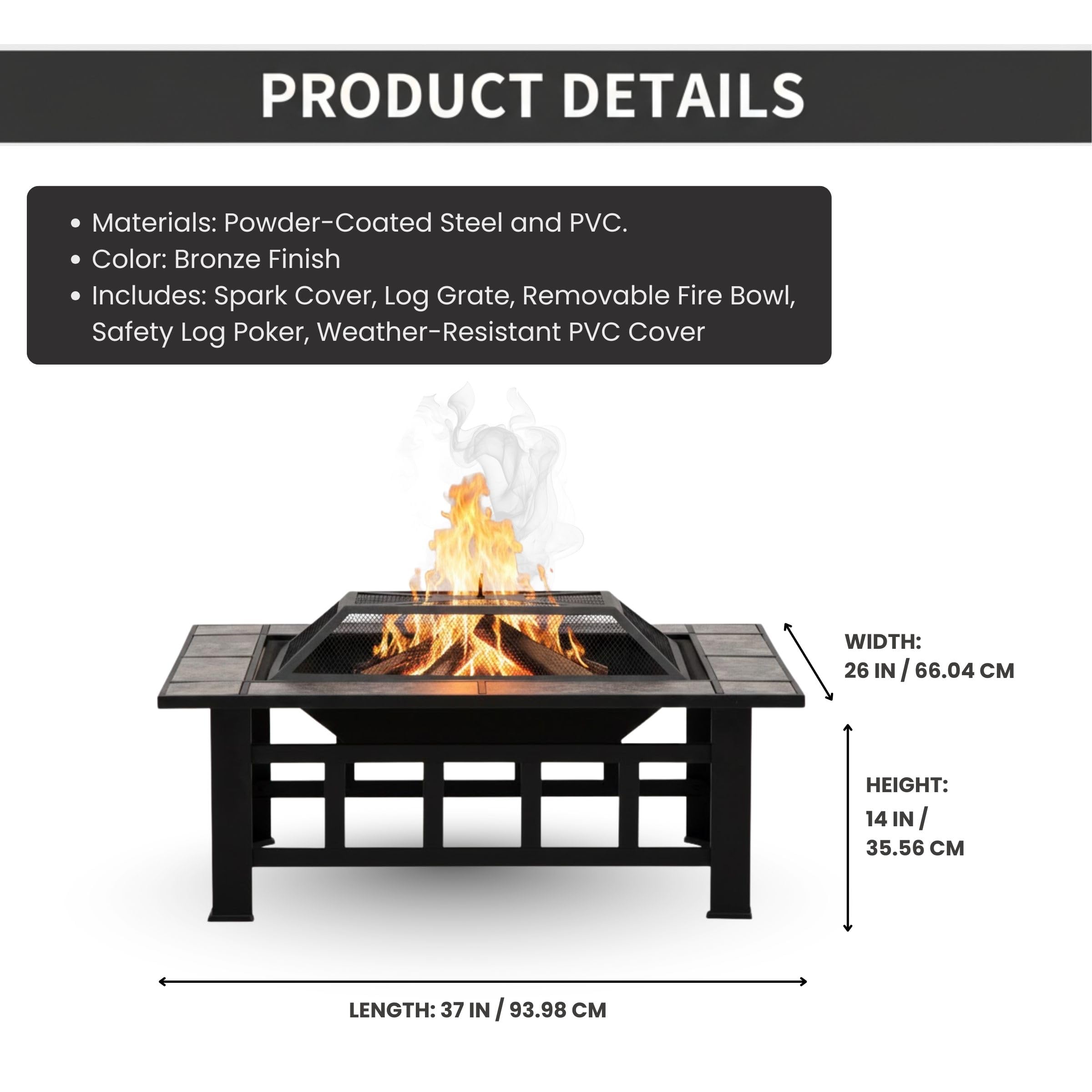 Pure Garden fire pit beside patio chair showing size and scale benefit