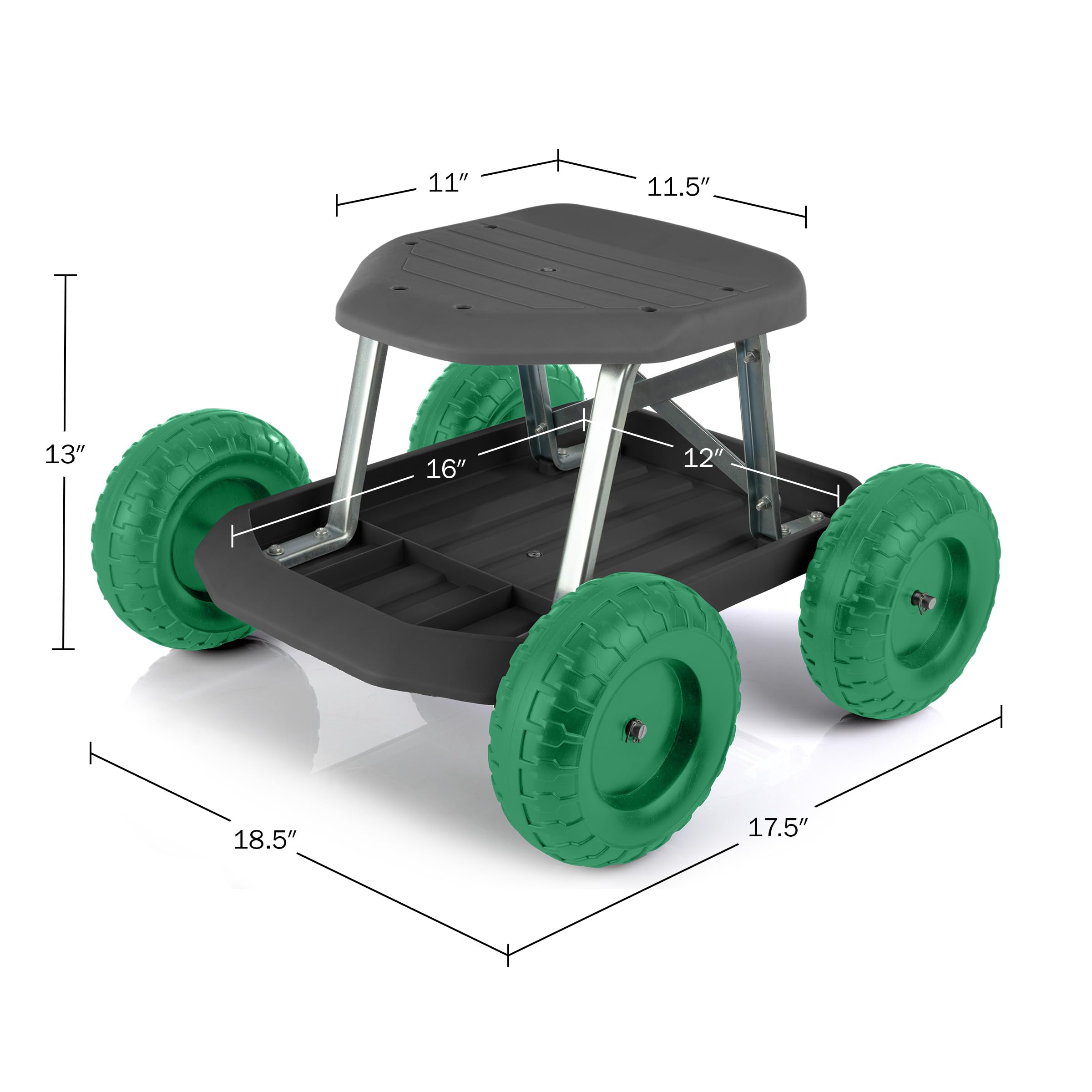 Pure Garden seat beside tools to show scale and convenient storage of gardening supplies