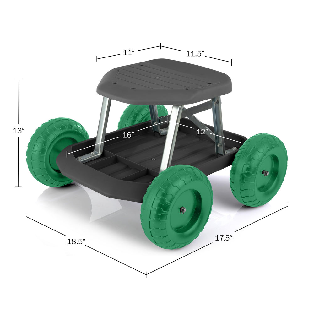 Pure Garden seat beside tools to show scale and convenient storage of gardening supplies
