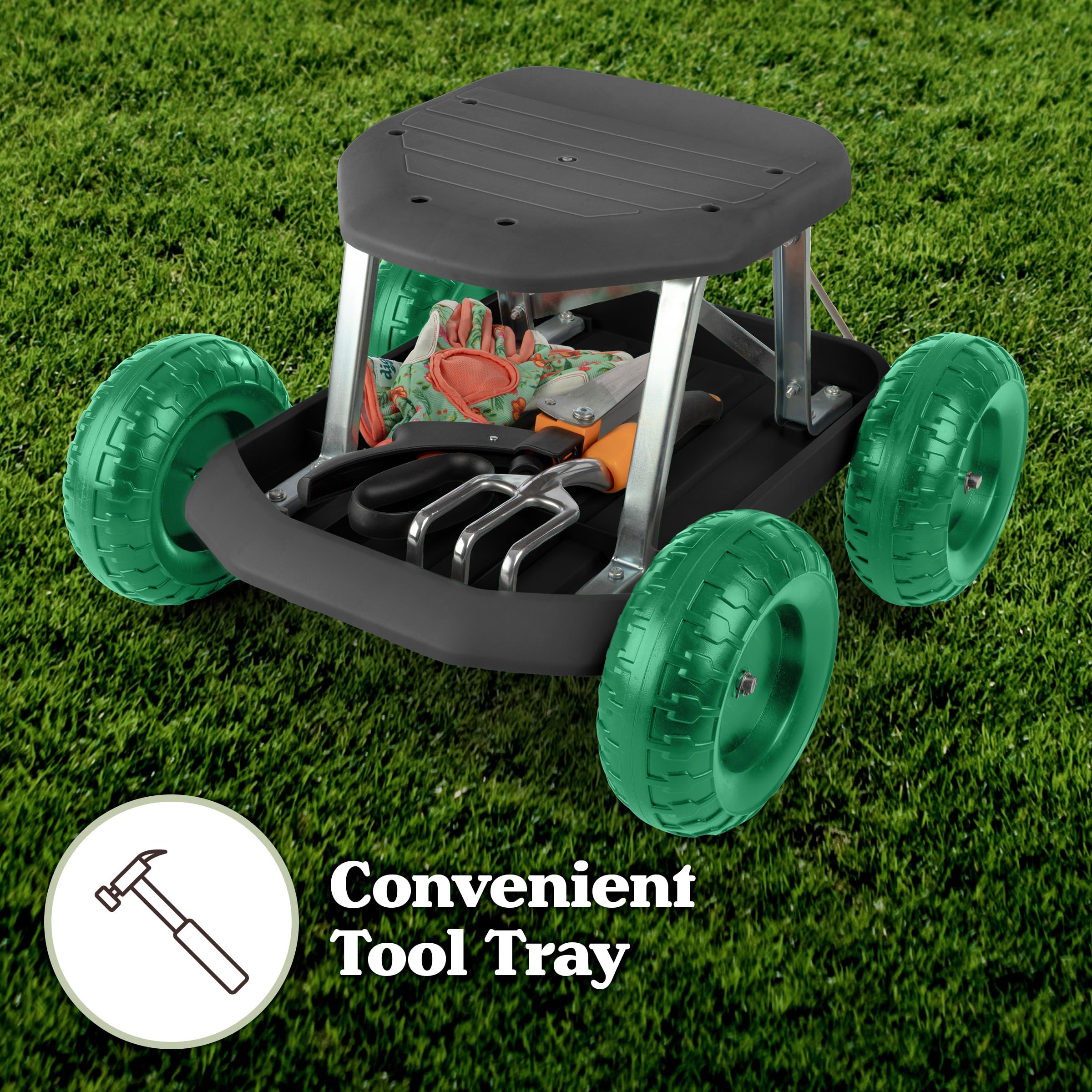 Pure Garden side profile of garden scooter highlighting stainless-steel frame durability
