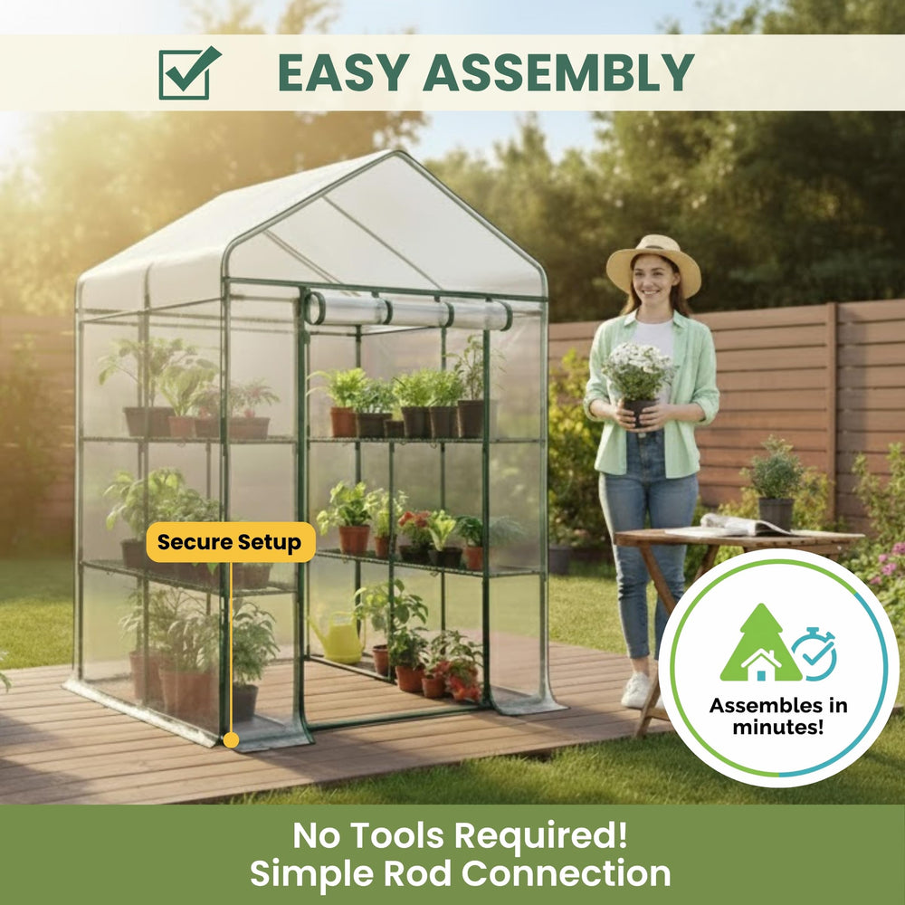 Pure Garden greenhouse in use with seed trays to jump-start the season