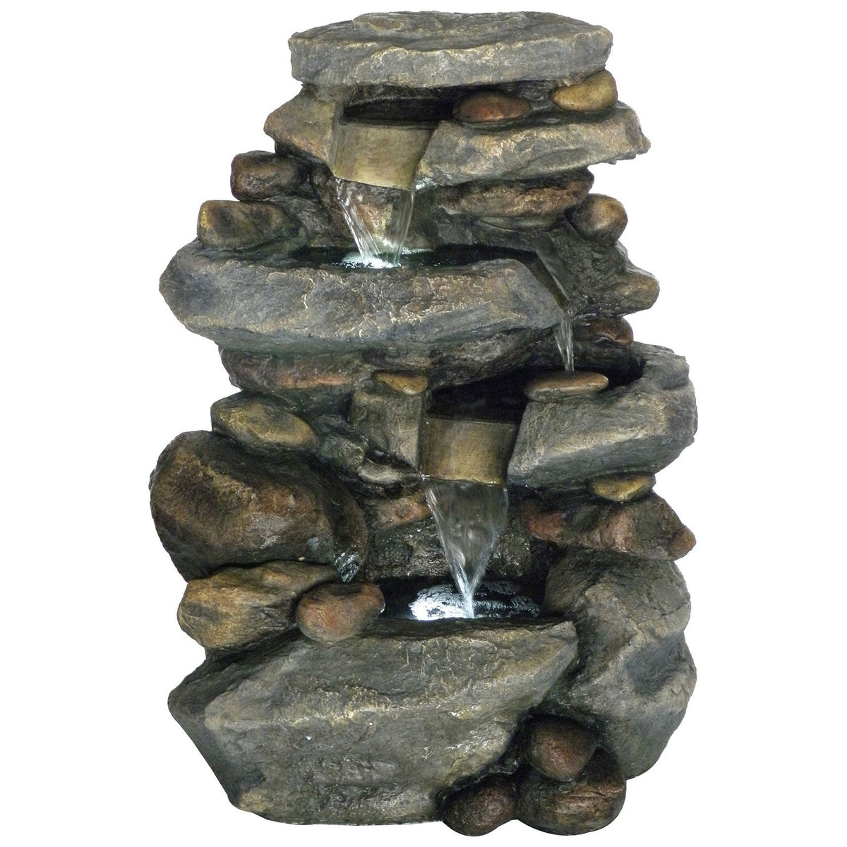 Pure Garden front view of 3-tier fountain showing cascading tiers and LED glow, adds tranquility