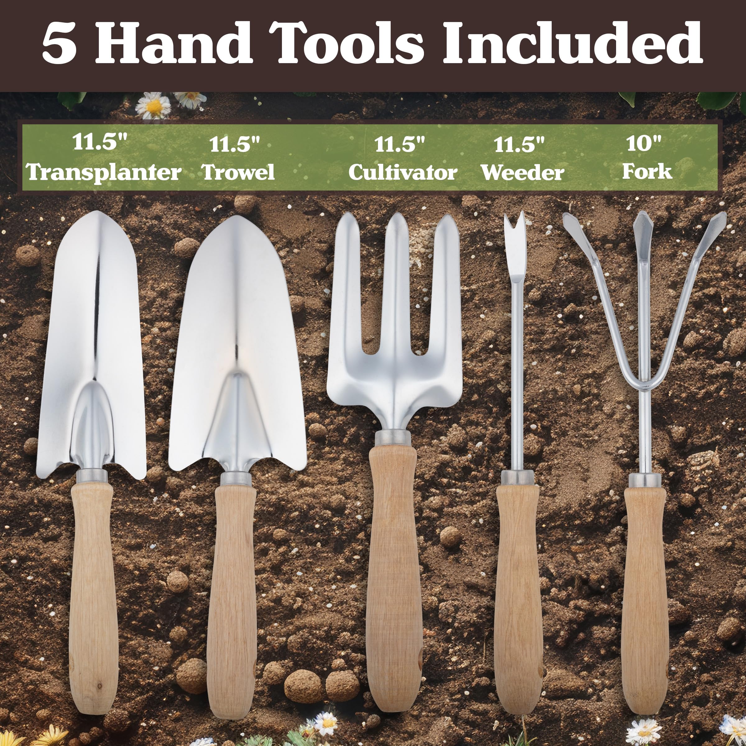 Pure Garden tools in use planting seedlings with organized tool access