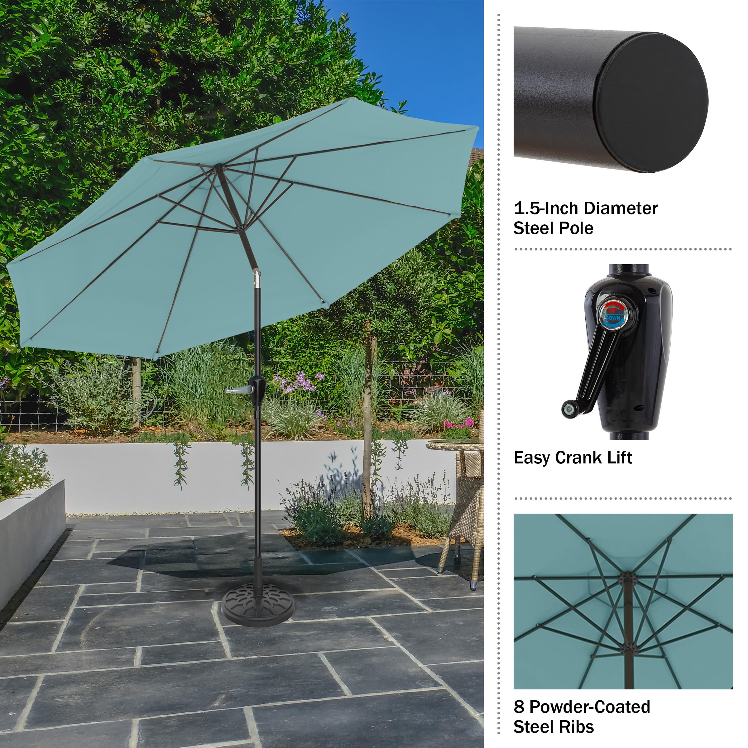 Pure Garden pole detail with crank and tilt mechanism for easy operation benefit