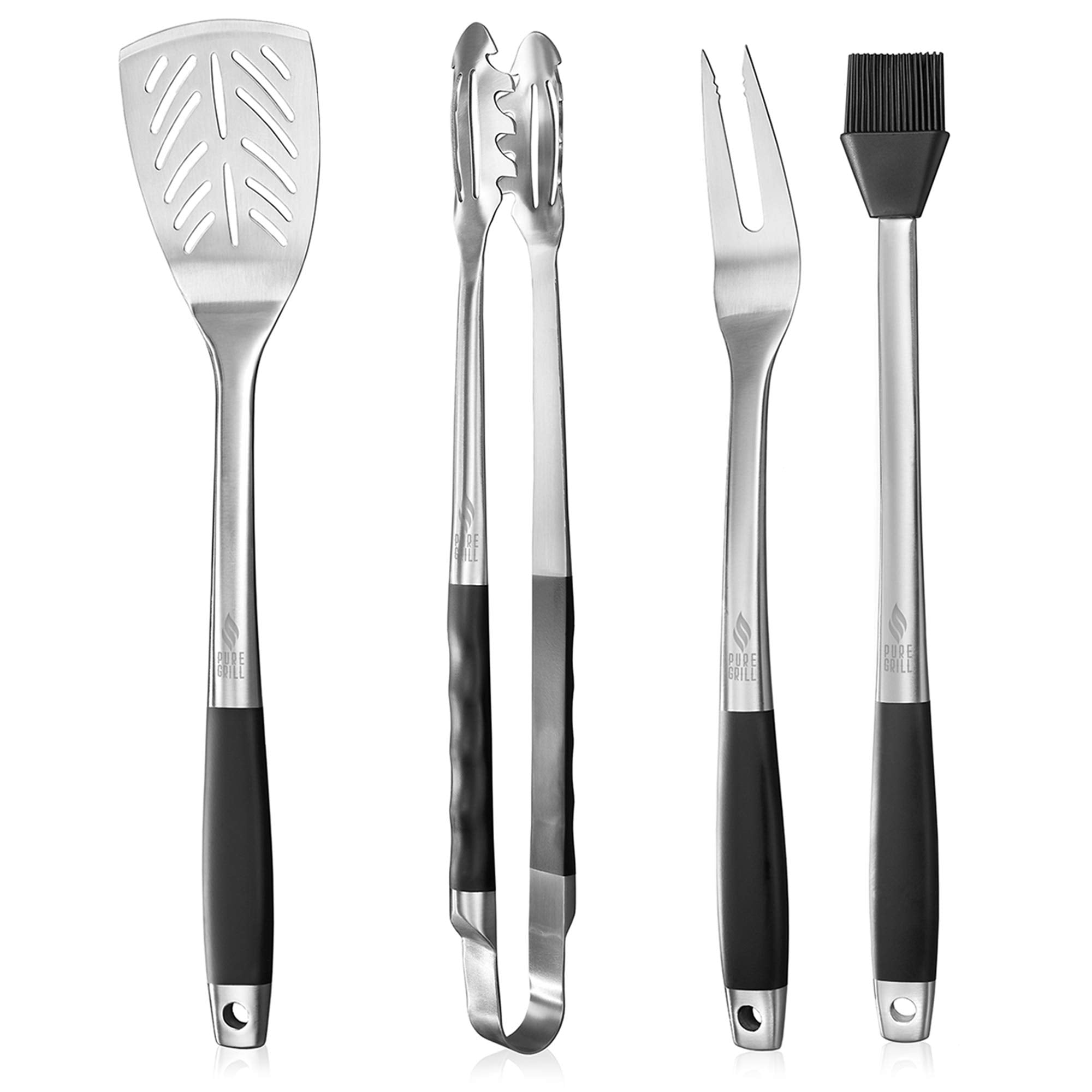 Pure Grill front view of four-piece set showing tools and compact convenience