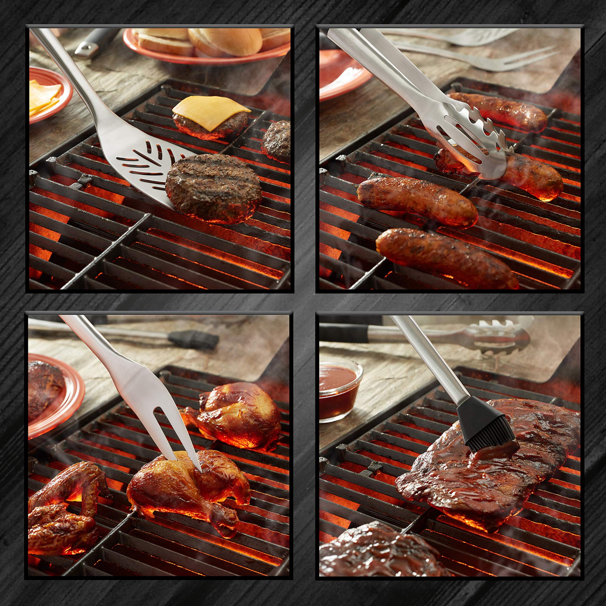 Pure Grill tools hanging on grill hooks for organized, ready-to-use storage