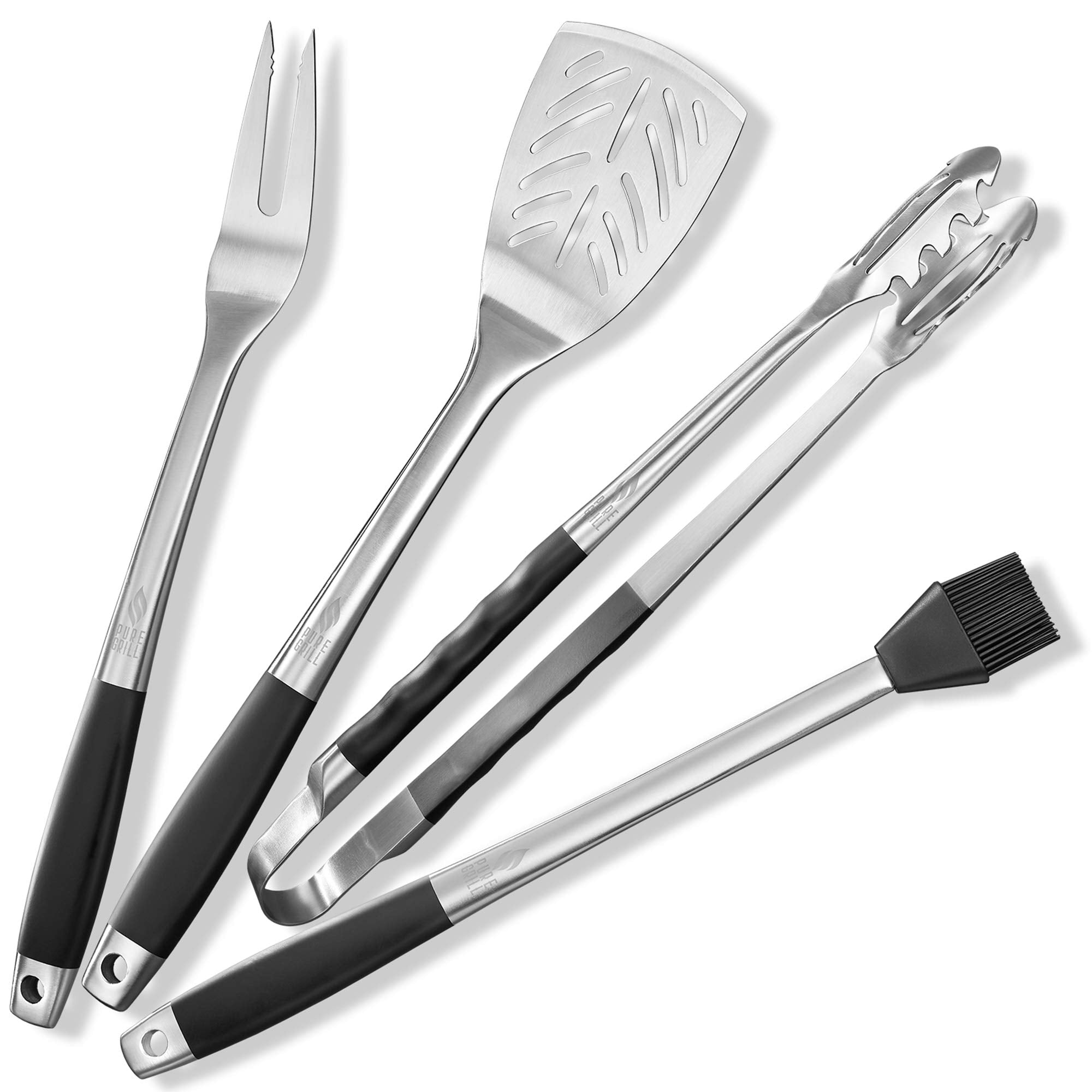 Pure Grill spatula close-up highlighting stainless steel edge for confident flipping