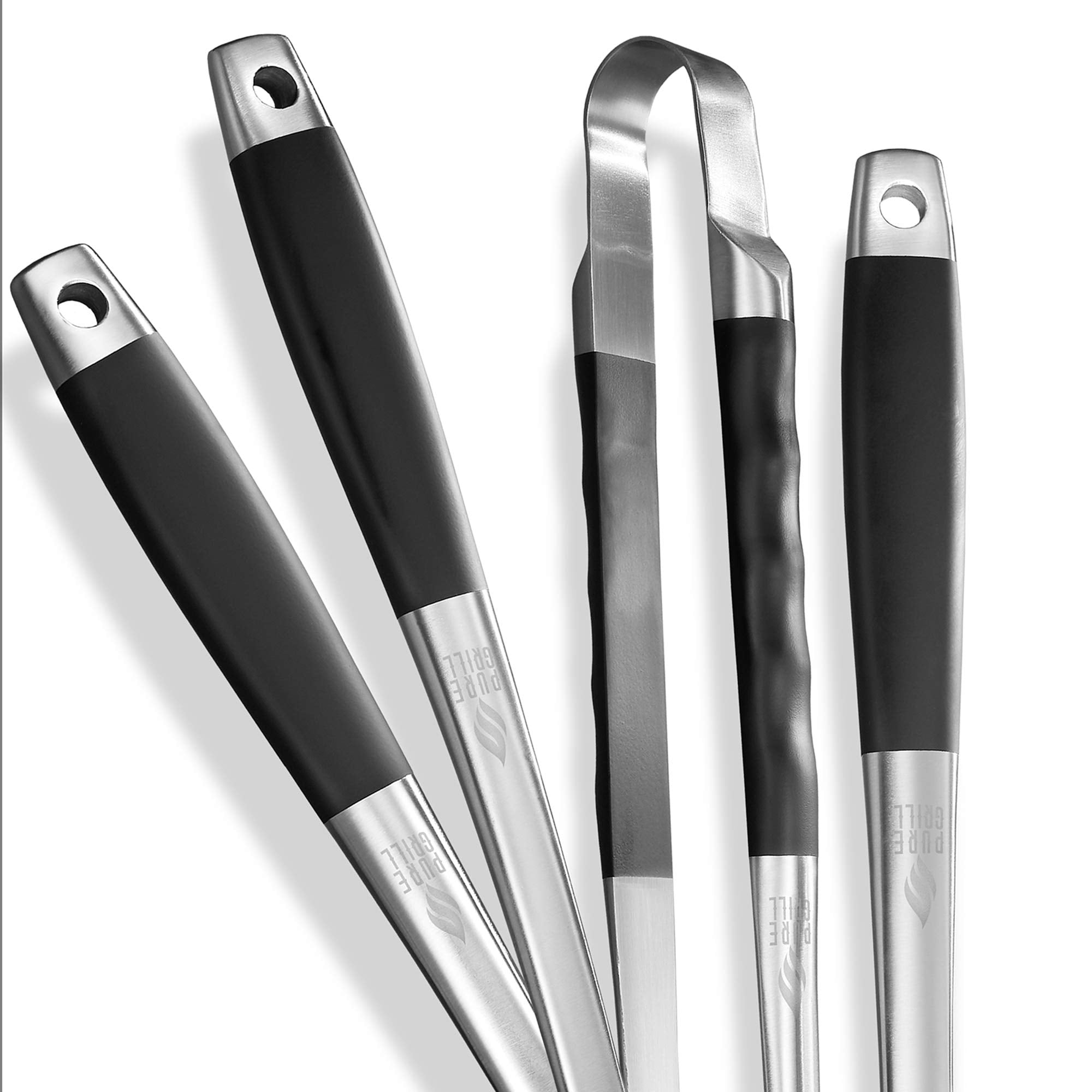 Pure Grill springless tongs in use gripping steak for precise turning