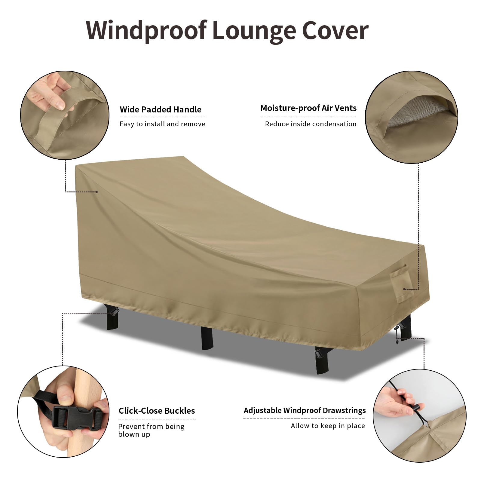 PureFit cover buckled tight on chaise demonstrating wind-resistant fit