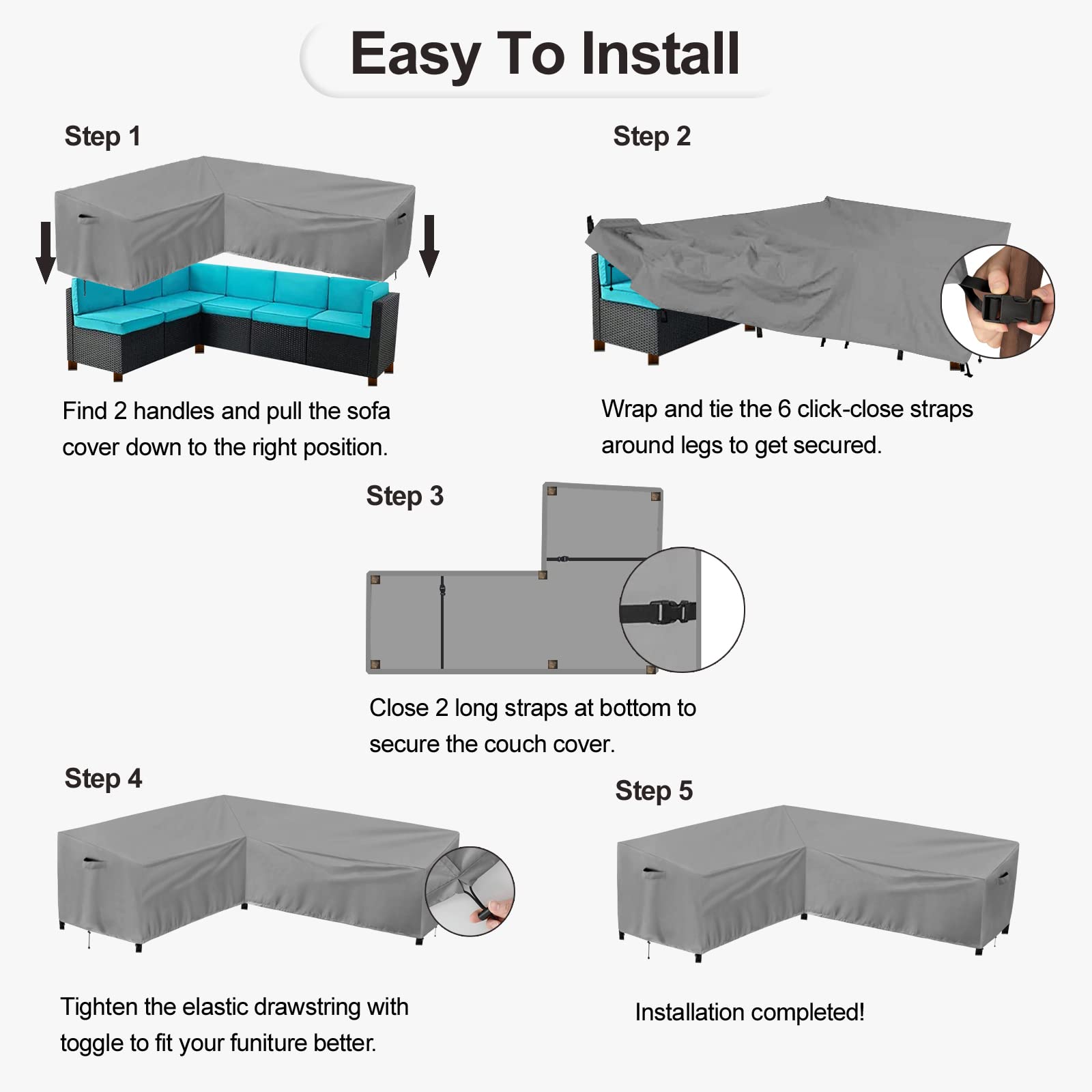 PureFit covered sectional on patio demonstrating full protection and neat appearance