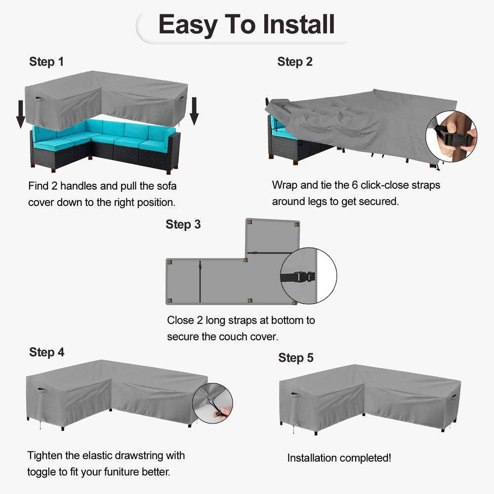 PureFit covered sectional on patio demonstrating full protection and neat appearance