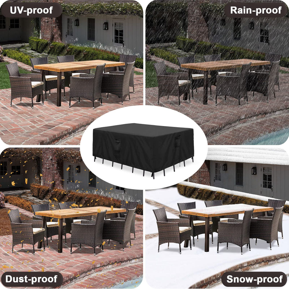 PureFit covered table in backyard lifestyle scene protecting furniture from elements