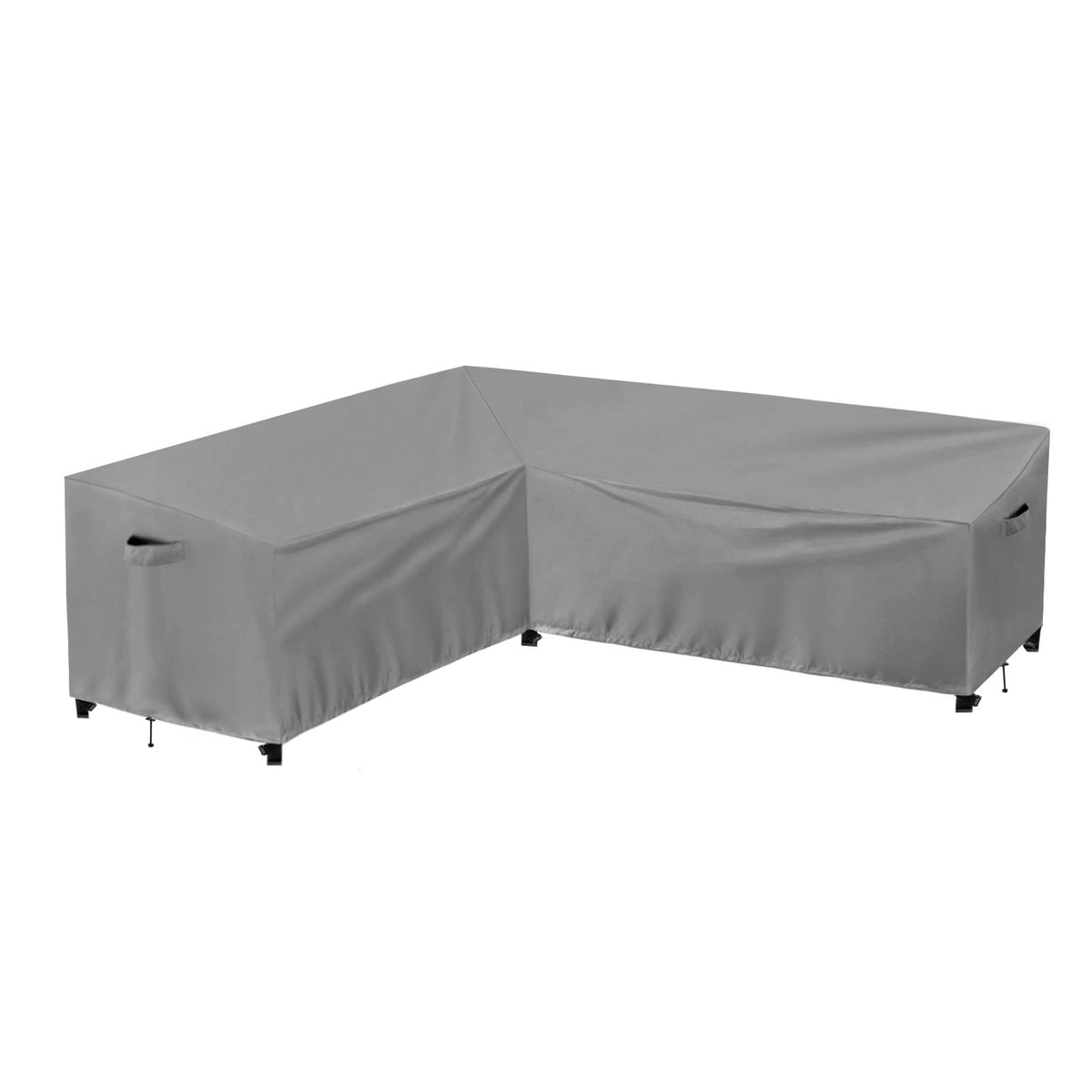 PureFit front view of L-shaped cover protecting patio sectional, weatherproof benefit