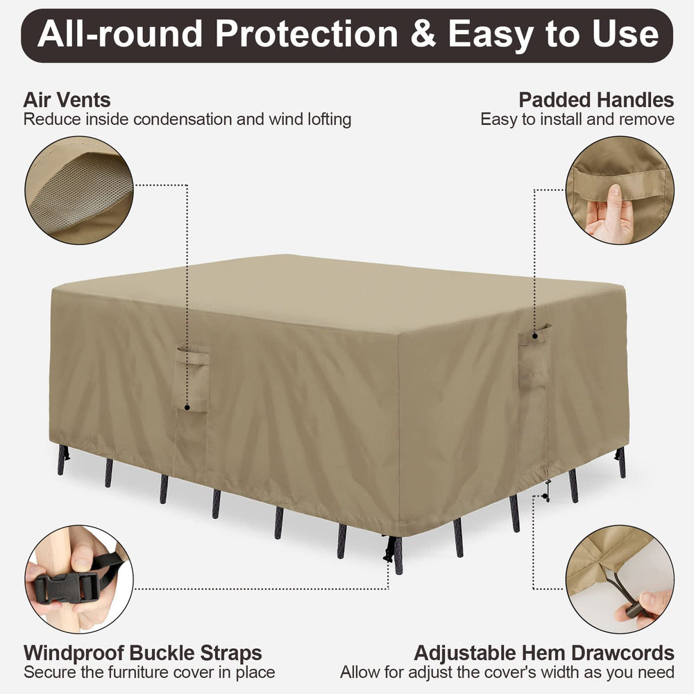 PureFit fitted on rectangular outdoor table in backyard, all-weather protection