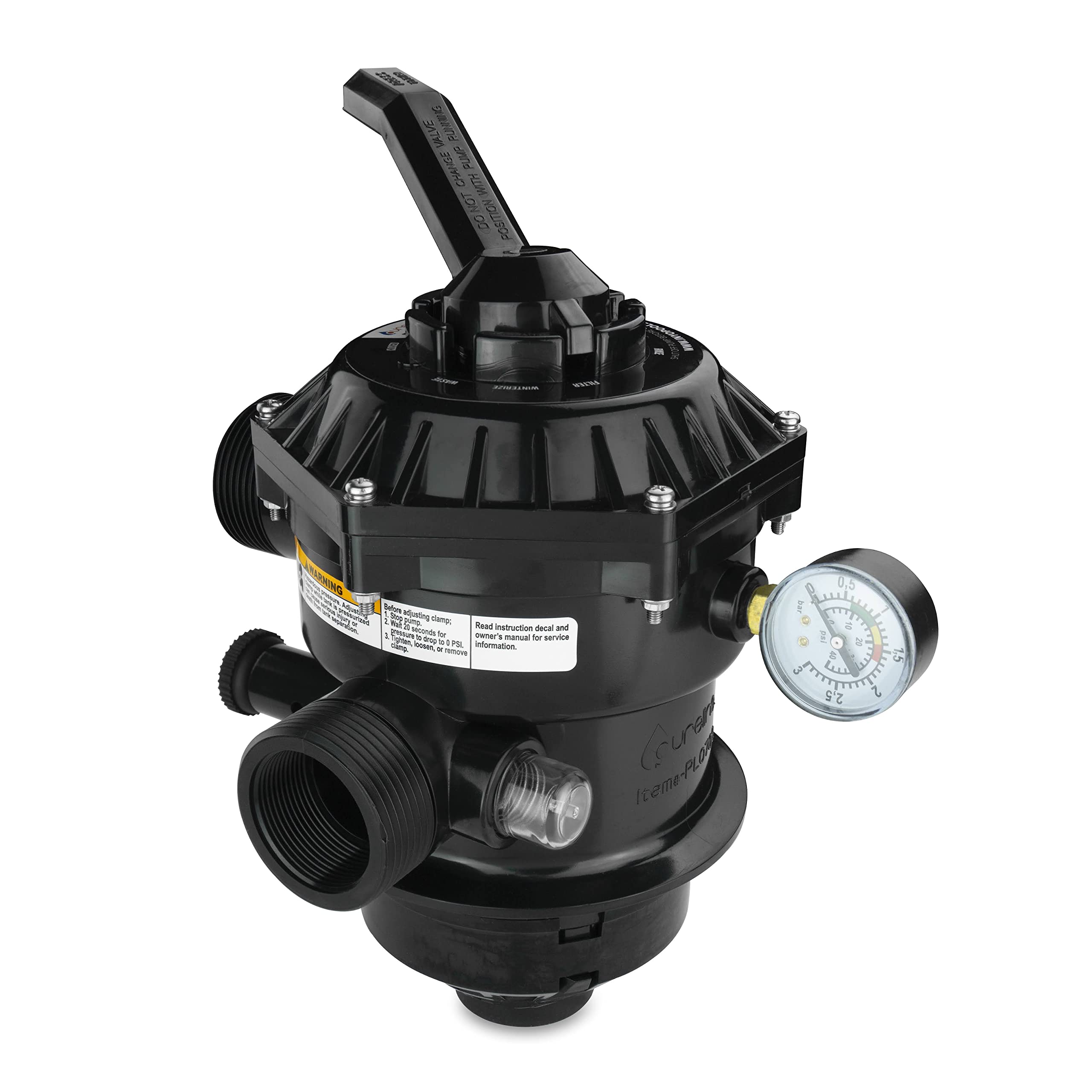 Pureline valve front view showing full 6-way positions and easy-to-read labeling for simple replacement