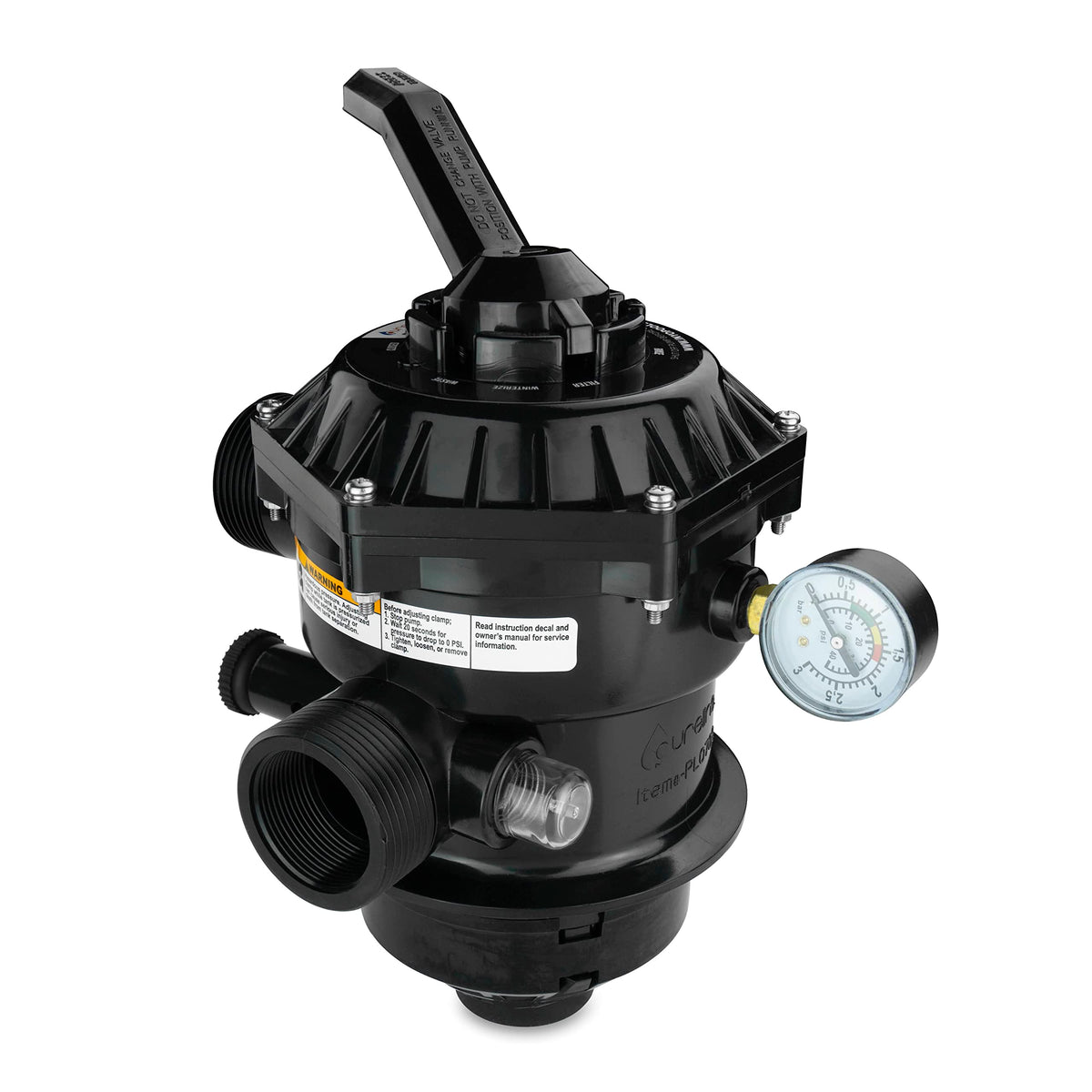 Pureline valve front view showing full 6-way positions and easy-to-read labeling for simple replacement