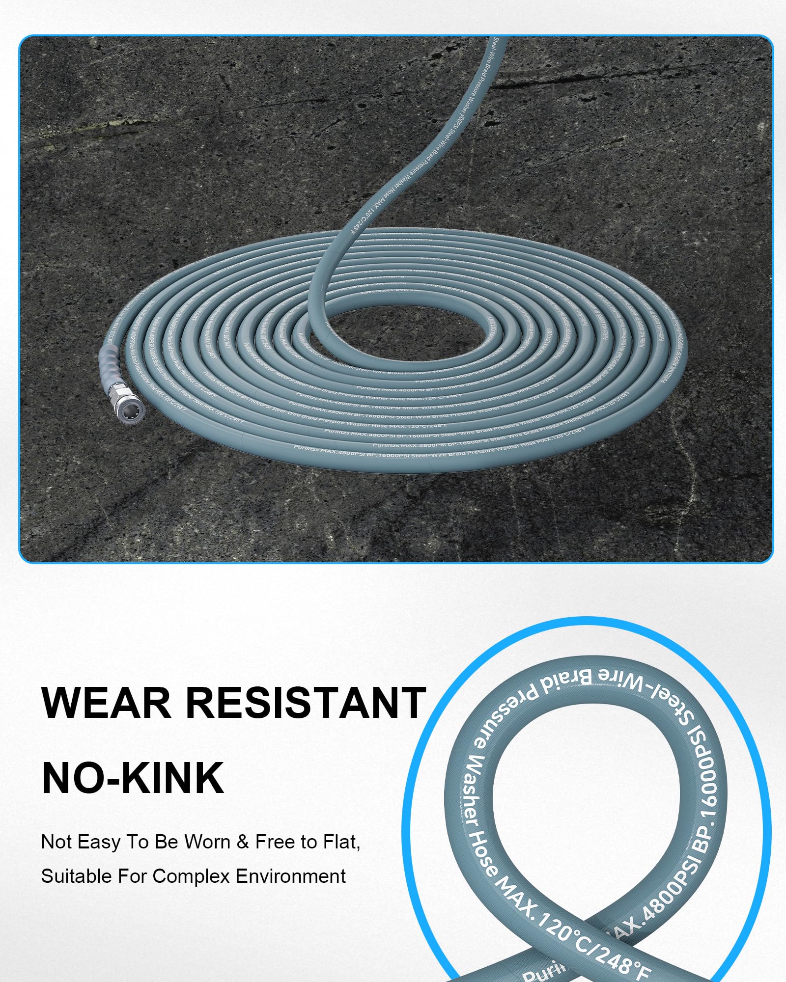 Purilitzs hose bent to show under-3-inch bend radius and non-kinking flexibility