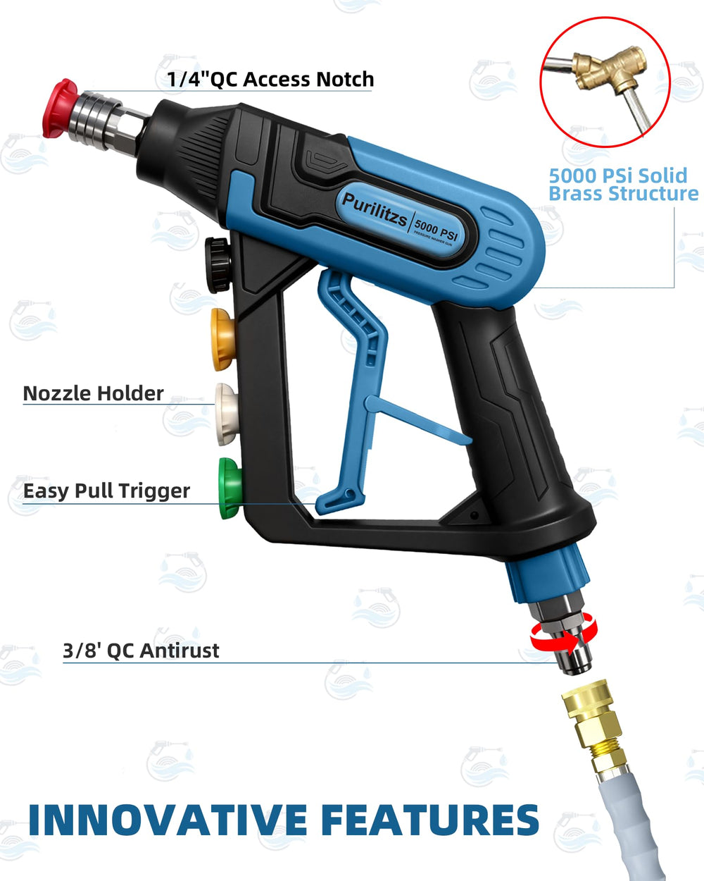 Purilitzs ergonomic trigger and nozzle holder reducing hand fatigue