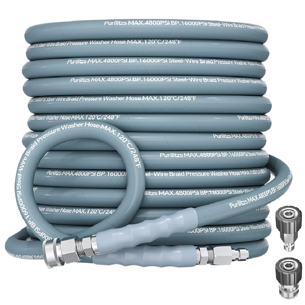 Purilitzs front packaging showing hose length and 4800 PSI rating, durable replacement