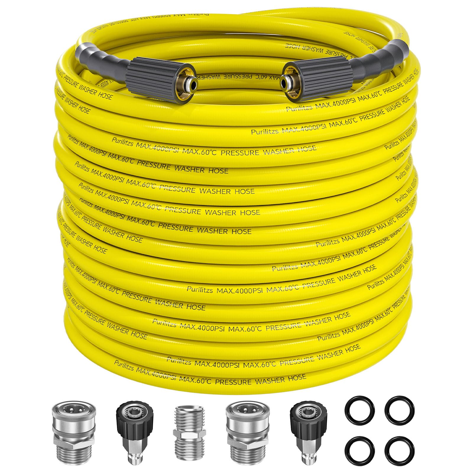 Purilitzs front view of 100ft yellow pressure washer hose shows long reach and durability