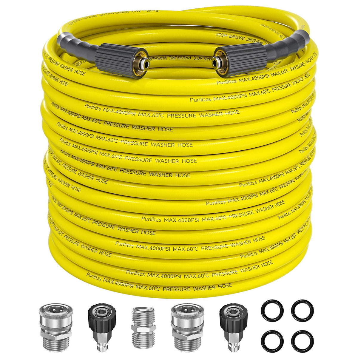 Purilitzs front view of 100ft yellow pressure washer hose shows long reach and durability