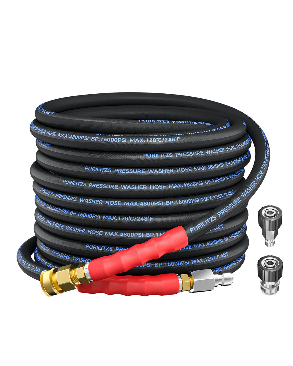 Purilitzs front view of 50ft hose showing full length and connectors for easy setup