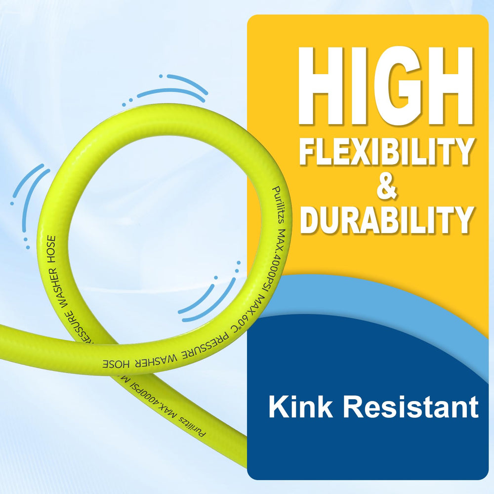 Rolled Purilitzs 100FT hose beside a tape measure showing scale and compact storage benefit