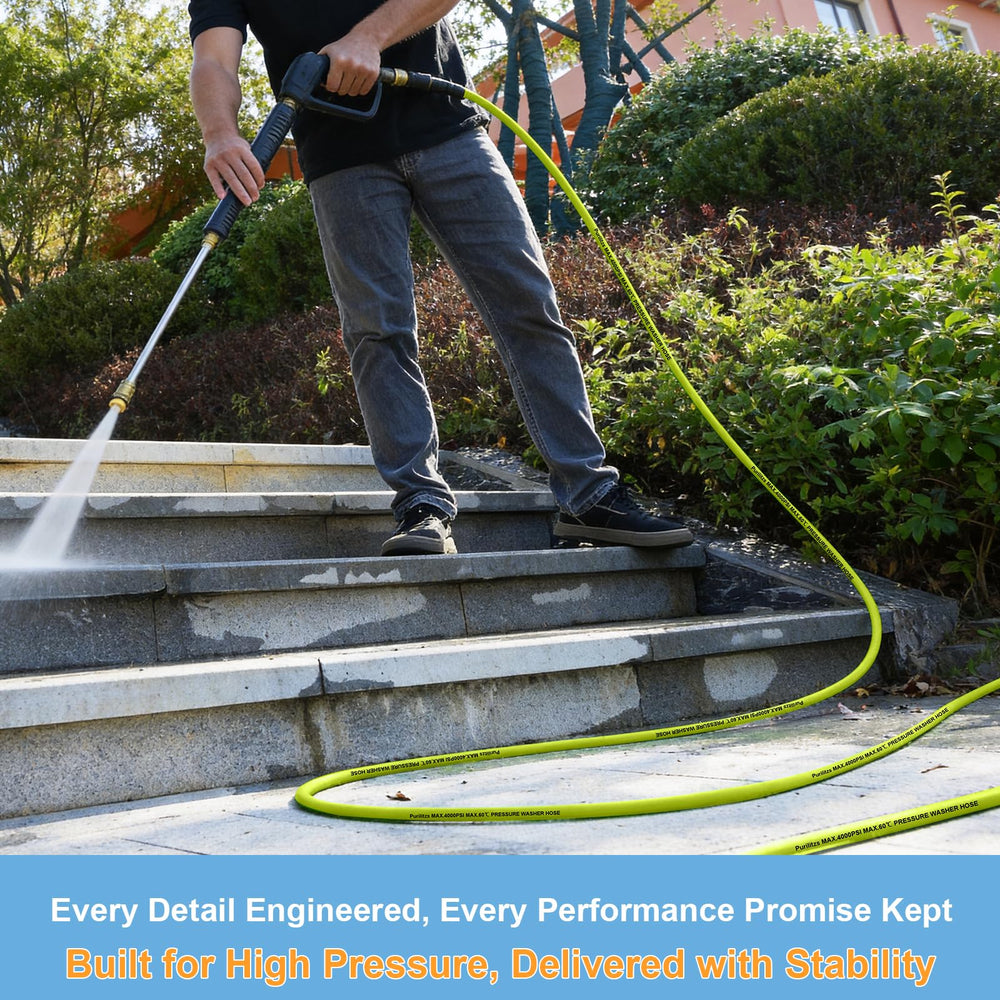 Lifestyle shot of Purilitzs hose cleaning patio showing practical outdoor use benefit