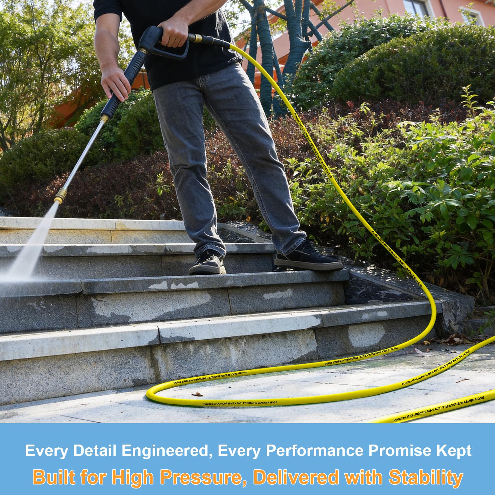 Purilitzs hose unrolled next to tape measure illustrating the full 100ft length
