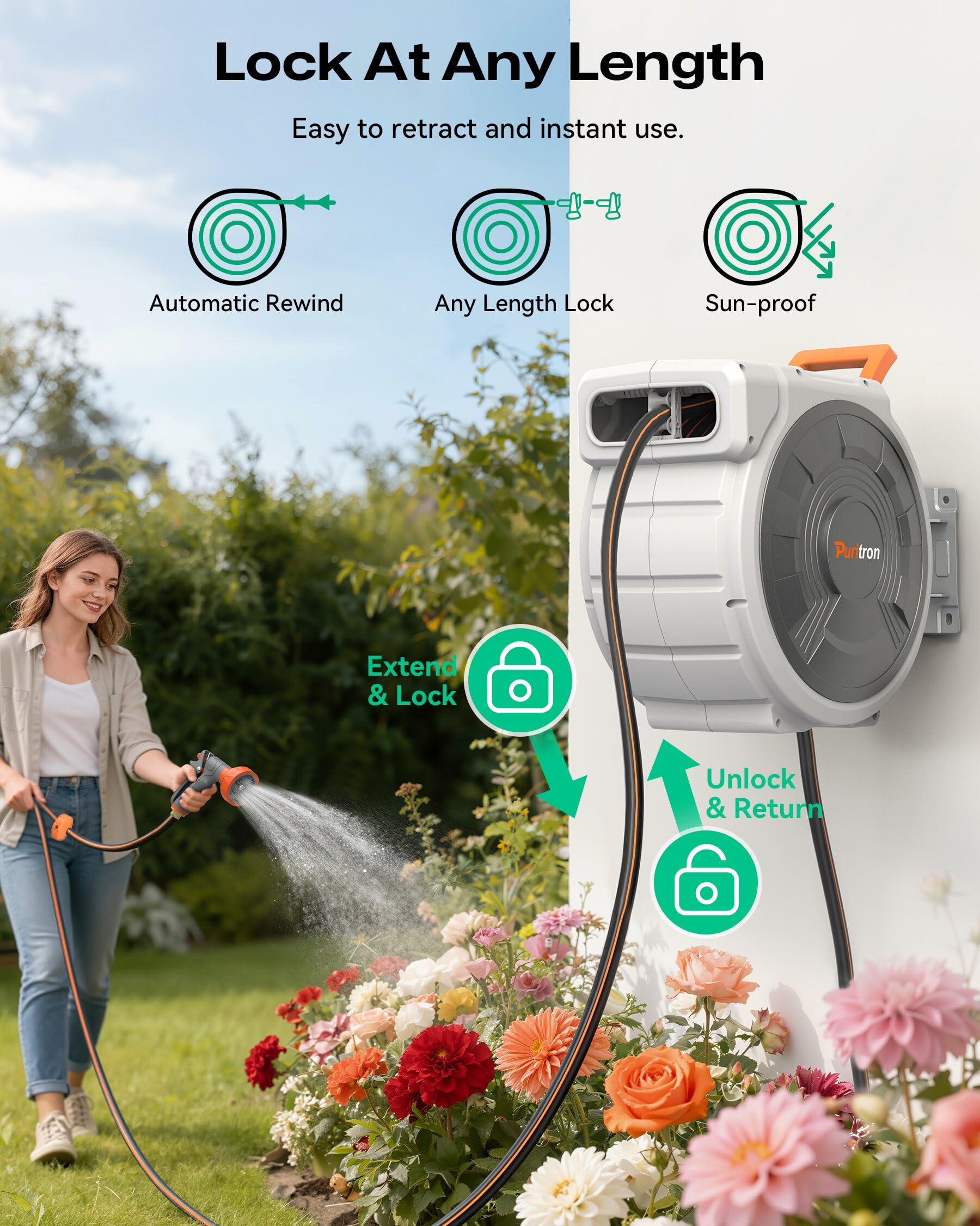 Puritron nozzle displaying nine patterns for versatile watering