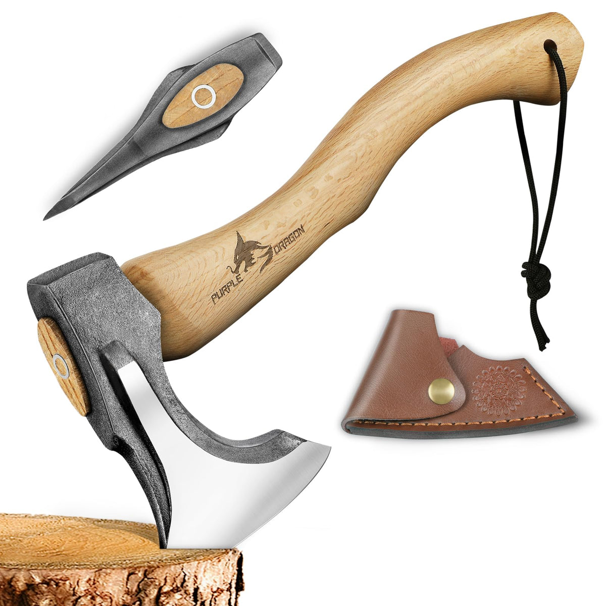 Purple Dragon hatchet front view showing head and handle for dependable splitting