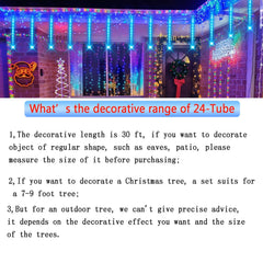 Purtuemy meteor tubes draped on tree for festive outdoor impact