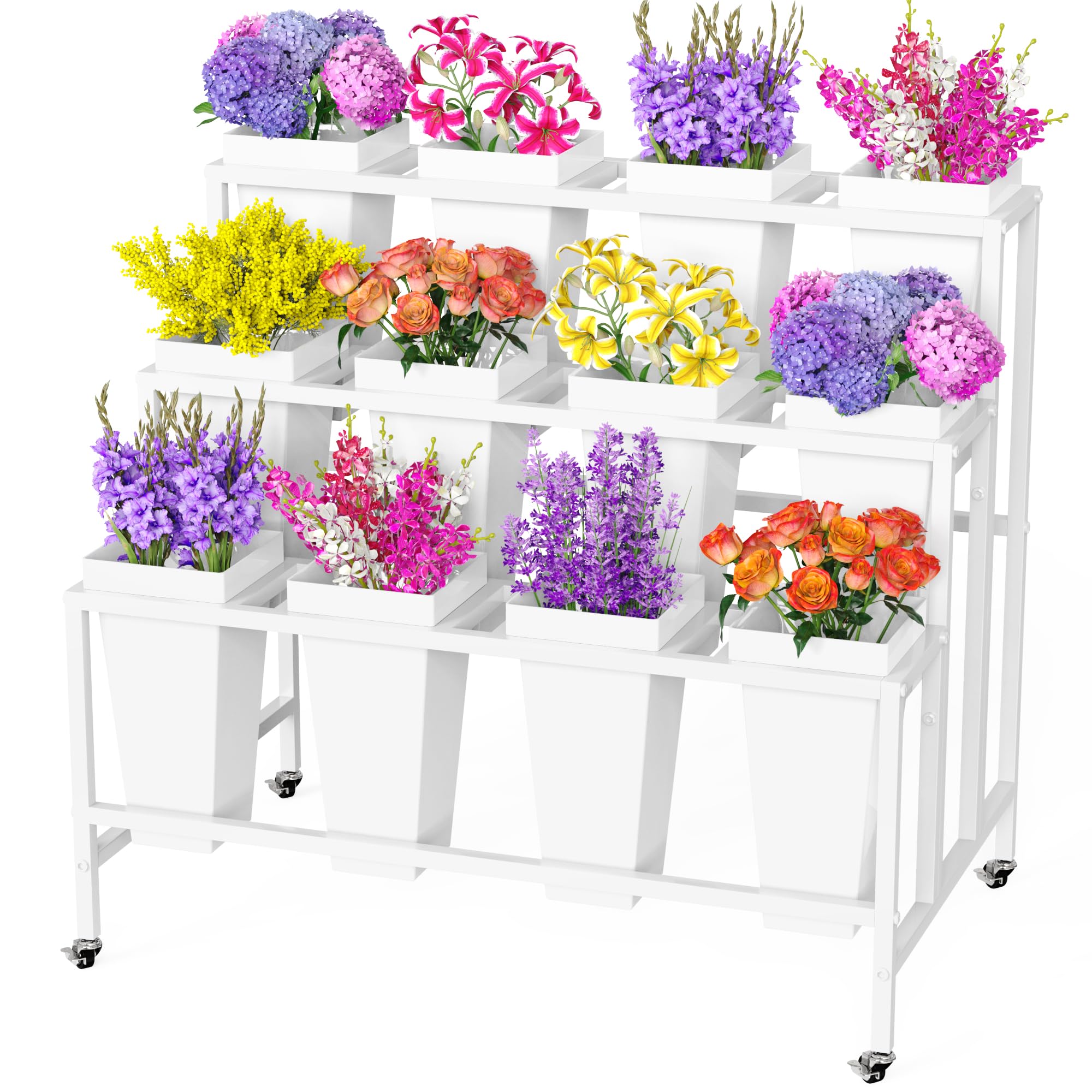 Putros front view of assembled white display stand showing organized buckets and neat presentation