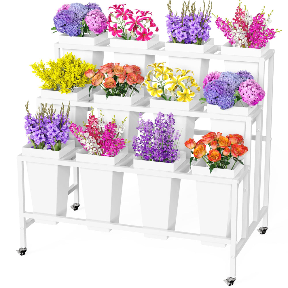 Putros front view of assembled white display stand showing organized buckets and neat presentation