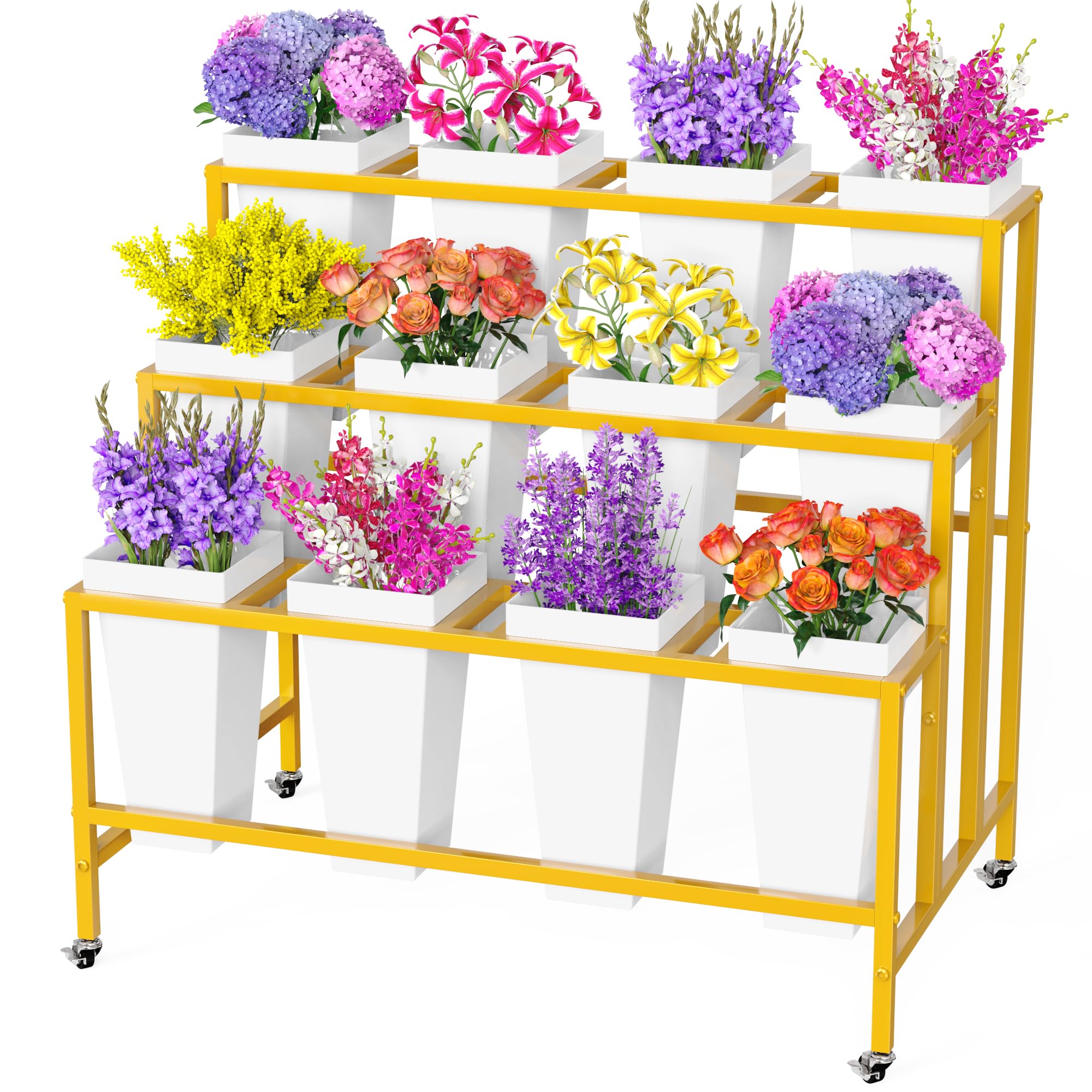 Putros front view of gold floral cart showing tidy multi-bucket display and appeal