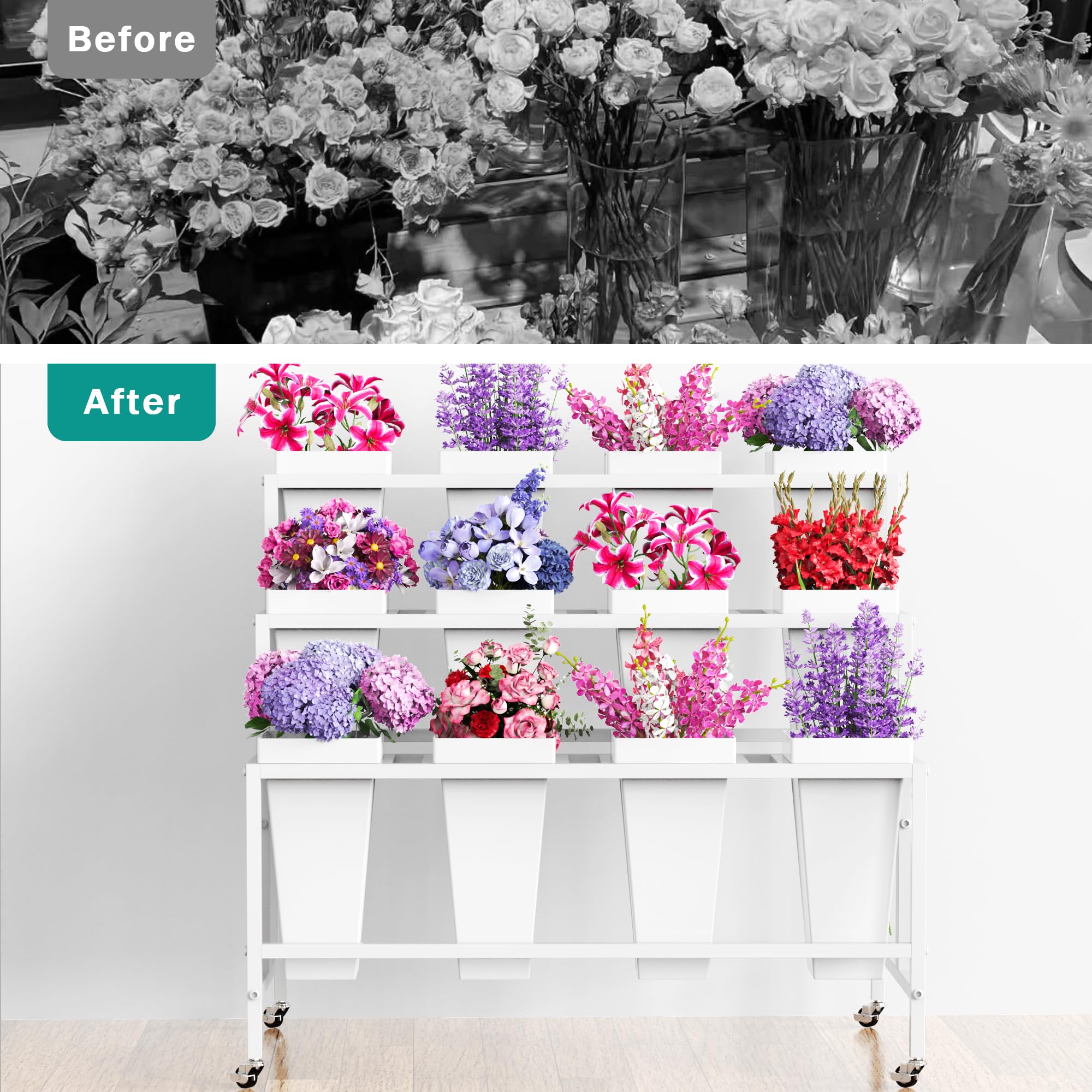 Putros display with plants for scale showing capacity to hold multiple bouquets or pots