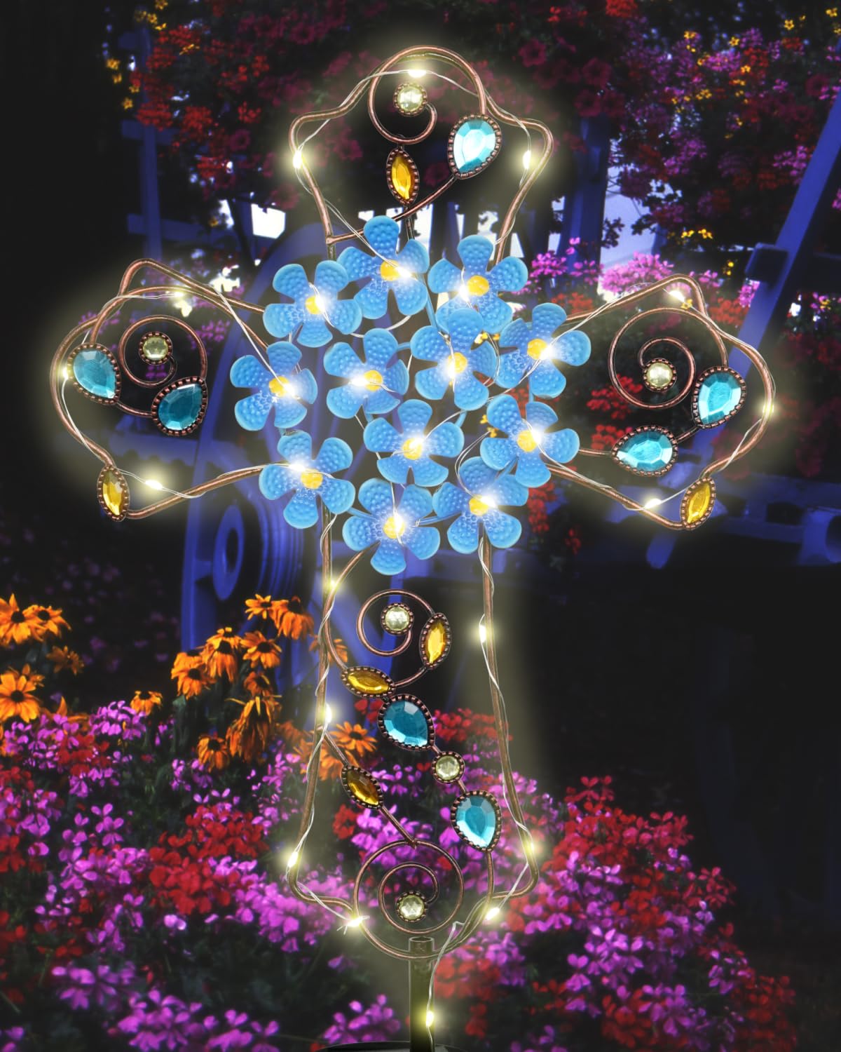 Putuo Decor close-up of blue flower detail on cross, highlights decorative craftsmanship and symbolism