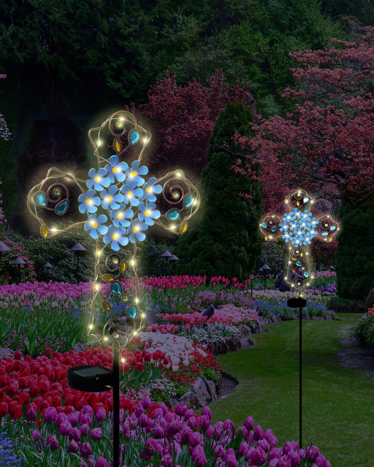 Putuo Decor glowing at dusk on a lawn path, creates safe, atmospheric evening lighting