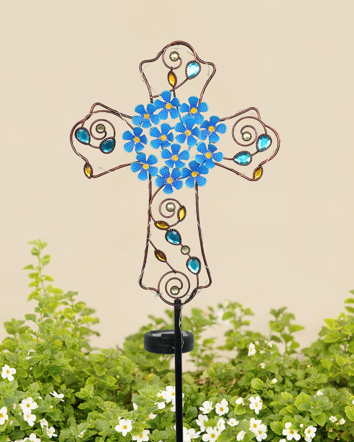 Putuo Decor front view of solar cross stake showing elegant blue flower and light, adds calm ambiance