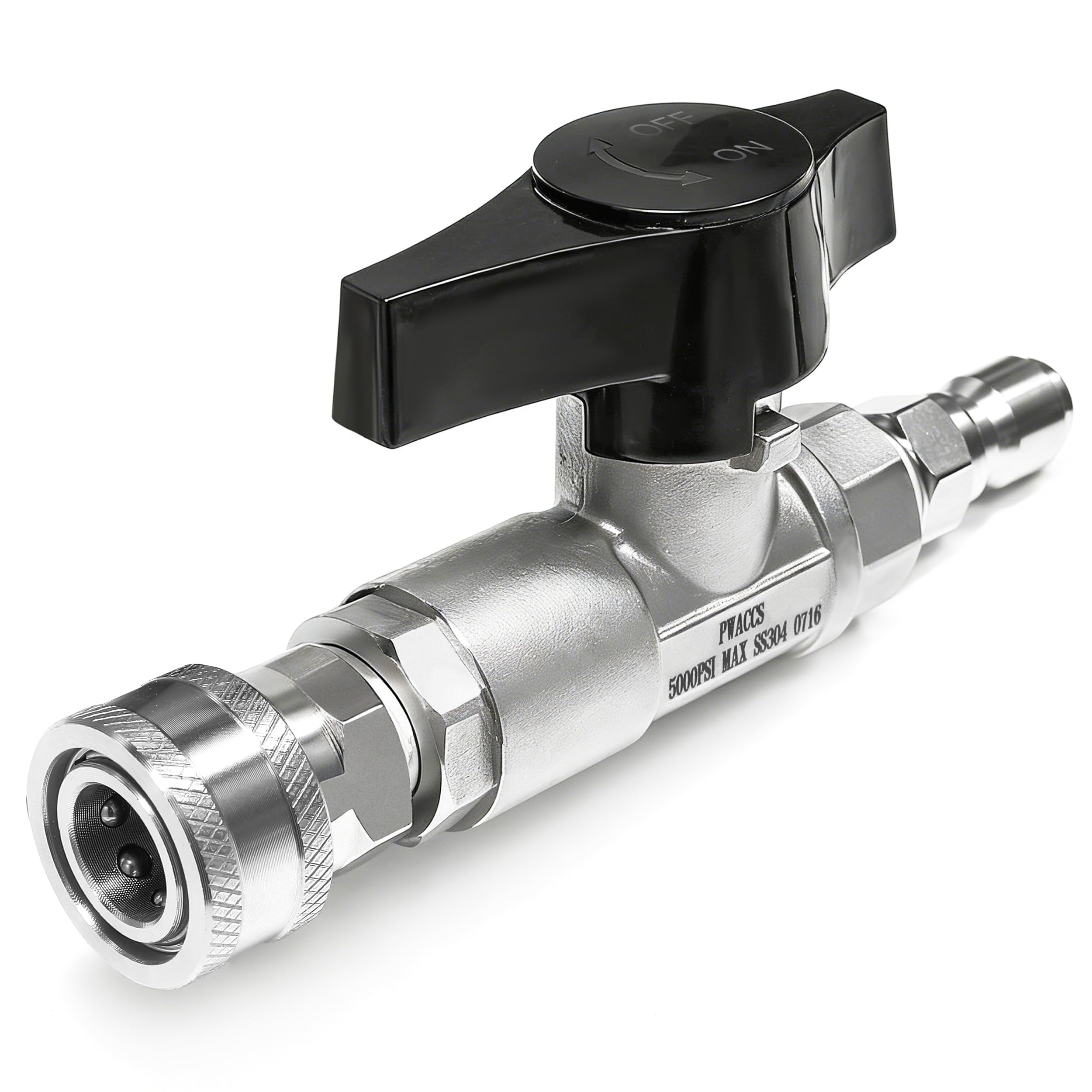 PWACCS ball valve front view showing compact stainless-steel build and quick-connect ends for durable inline control