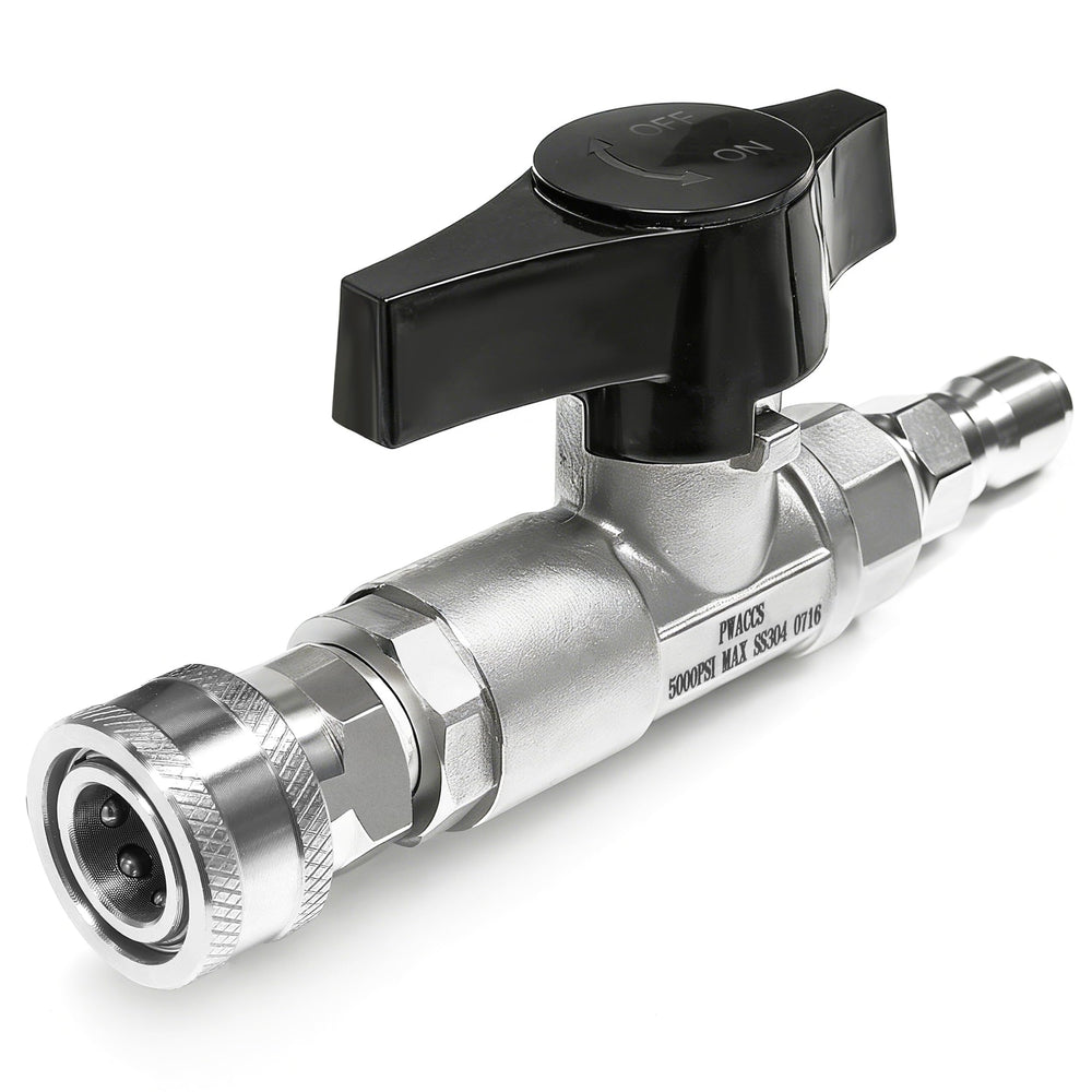 PWACCS ball valve front view showing compact stainless-steel build and quick-connect ends for durable inline control