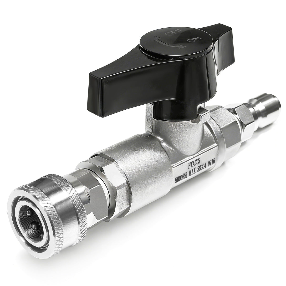 PWACCS ball valve front view showing compact stainless-steel build and quick-connect ends for durable inline control