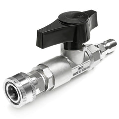 PWACCS ball valve front view showing compact stainless-steel build and quick-connect ends for durable inline control