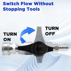PWACCS valve attached to a pressure-washer gun demonstrating safer nozzle swaps and paused spray benefit