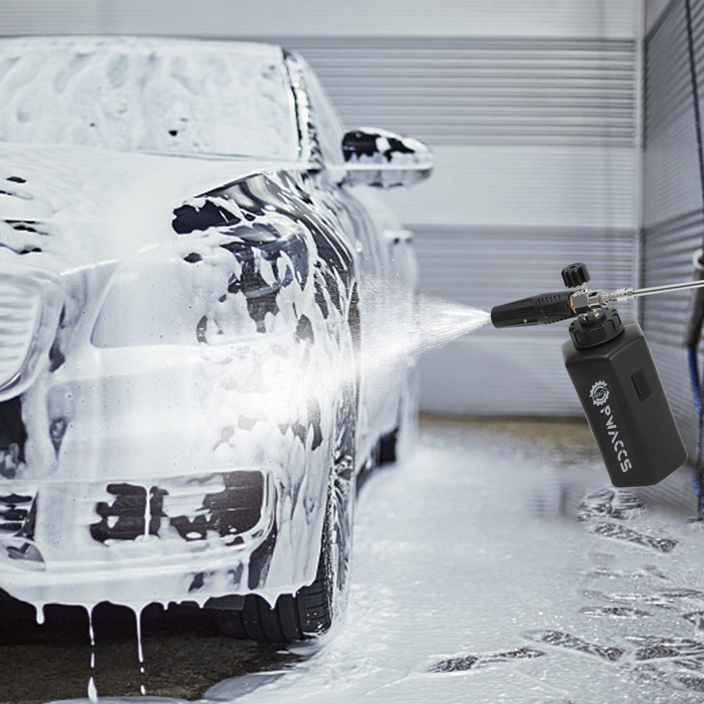 PWACCS foam cannon applying thick foam to car for safer pre-wash